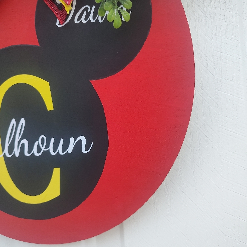 14in Personalized Mickey Mouse Wooden Farmhouse Door Hanger Sign with Greenery - Picture 5 of 6